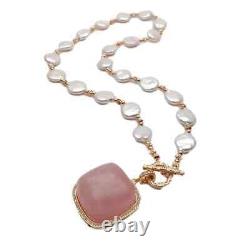 29mm Rose Quartz Square Pendant 19.5 12MM Cultured White Coin Pearl Necklace