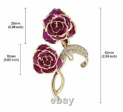 3Pc Purple 24K Gold Dipped Real Rose Drop Earring/Pendant/Brooch Mother's Day