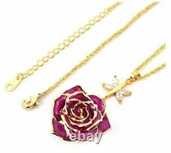 3Pc Purple 24K Gold Dipped Real Rose Drop Earring/Pendant/Brooch Mother's Day