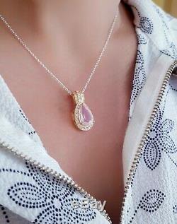 4.7ct Natural Rose Quartz & White Sapphire Solid 9K Yellow Gold Pendant Necklace