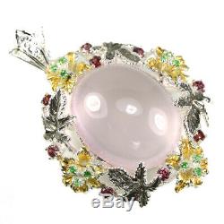 44.55ct. Real Rose Quartz Rhodolite Tsavorite Sterling 925 Silver Flower Pendant