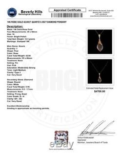 $4700 Certified 14k Rose Gold 42.00ct Quartz 0.55ct Diamond Necklace