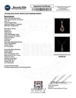$4700 Certified 14k Rose Gold 42.00ct Quartz 0.55ct Diamond Pendant