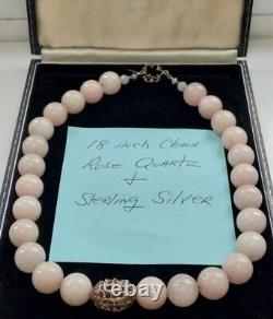 47cm Sterling Silver Rose Quartz 15m Bead Necklace 112grams Feng Shui Broken Str