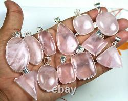 50 PCs Lot AAA Quality Rose Quartz Gemstone. 925 Silver Plated Bezel Pendants