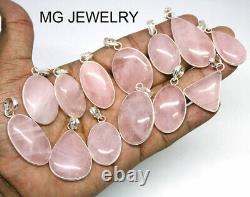 50 PCs Lot AAA Quality Rose Quartz Gemstone. 925 Silver Plated Bezel Pendants