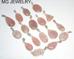 50 PCs Lot AAA Quality Rose Quartz Gemstone. 925 Silver Plated Bezel Pendants