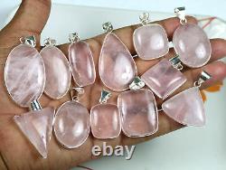 50 PCs Lot AAA Quality Rose Quartz Gemstone. 925 Silver Plated Bezel Pendants