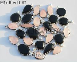 50 Pcs Lot Rose Quartz Black Onyx Gemstone 925 Silver Plated Pendants MFA496