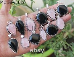 50 Pcs Lot Rose Quartz Black Onyx Gemstone 925 Silver Plated Pendants MFA496