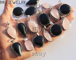 50 Pcs Lot Rose Quartz Black Onyx Gemstone 925 Silver Plated Pendants MFA496