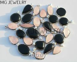 50 Pcs Lot Rose Quartz Black Onyx Gemstone 925 Silver Plated Pendants UF496