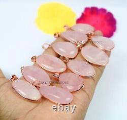 50 Pieces Natural Pink Rose Quartz Gemstone Rose Gold Plated Pendant Jewelry