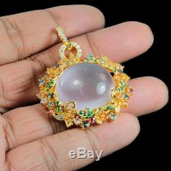 59.30 Ct. Real Rose Quartz Sapphire Cz Sterling 925 Silver Pendant With Brooch