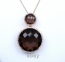 $6,550 18k Rose Gold Pave Set Diamond Smoky Quartz Double Halo Pendant Necklace