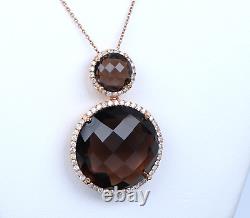 $6,550 18k Rose Gold Pave Set Diamond Smoky Quartz Double Halo Pendant Necklace