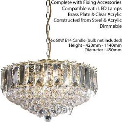 6 Light Chandelier Pendant BRASS & CLEAR Shade Hanging Ceiling Feature Lamp Bulb