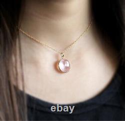 7Ct Natural Round love ston Rose Quartz Pendant 9KYellow Gold Minimalist pendant