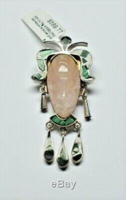 850 Sterling Silver Hand Made Aztec Head With Carved Rose Quartz and Malachite