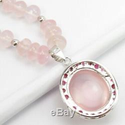 925 Stamp Natural ROSE QUARTZ RUBY Stone Pure Silver 17.8 Necklace Fine Jewelry