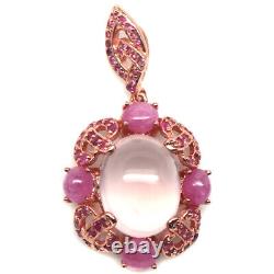 925 Sterling Silver 15 x 19 mm. Pink Rose Quartz, Ruby & Sapphire Pendant