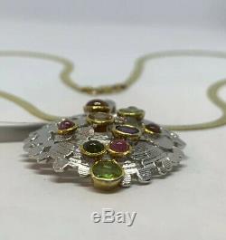 925 Sterling Silver Gold Plated Multi Gemstones Round Pendant Necklace Italy