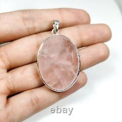 925 Sterling Silver Natural Large Rose Quartz Pendant, Women's Handmade Pendant