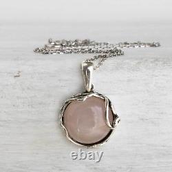 925 Sterling Silver Rose Quartz Vintage Style Pendant Necklace Jewelry For Her