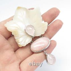 925 Sterling Silver Vintage Real MOP & Rose Quartz Floral Large Brooch Pendant