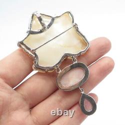 925 Sterling Silver Vintage Real MOP & Rose Quartz Floral Large Brooch Pendant