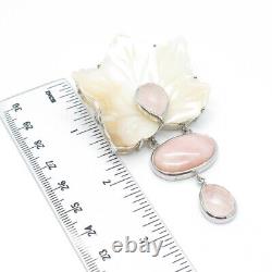 925 Sterling Silver Vintage Real MOP & Rose Quartz Floral Large Brooch Pendant