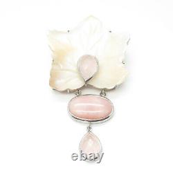 925 Sterling Silver Vintage Real MOP & Rose Quartz Floral Large Brooch Pendant