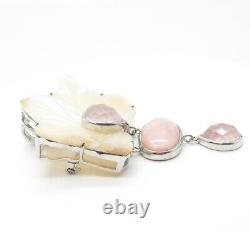 925 Sterling Silver Vintage Real MOP & Rose Quartz Floral Large Brooch Pendant