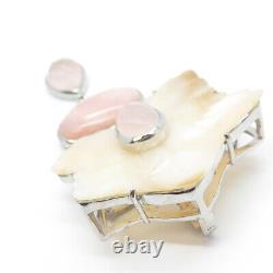 925 Sterling Silver Vintage Real MOP & Rose Quartz Floral Large Brooch Pendant