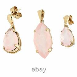9Carat Yellow Gold Marquise & Pear Cut Rose Quartz Earrings & Pendant Set