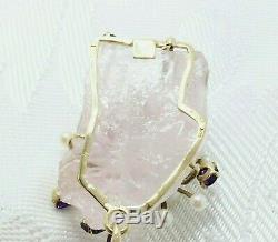 9ct Amethyst Pearl Abstract Modernist Rose Quartz Pendant Natural LARGE 1985 19g