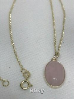 9ct Gold Natural rose quartz oval single pendant & 18 9k curb chain hallmark