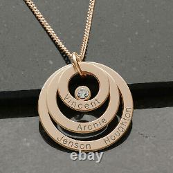 9ct Rose Gold Personalised Engraved 3 Ring Disc Family Pendant Crystal Necklace