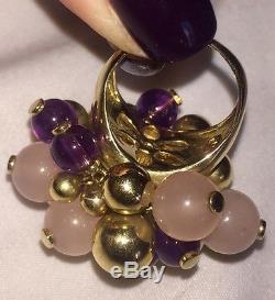 AMETHYST, ROSE QUARTZ, 14k Gold Ring, Pendant, And Earring Set ITALY 55+grams