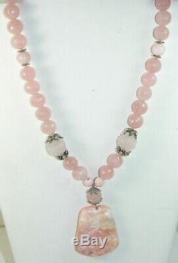 AMY KAHN RUSSELL Carved Pink Opal Pendant Rose Quartz Sterling Silver Necklace