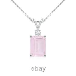 ANGARA 8x6mm Rose Quartz Solitaire Pendant Necklace with Diamond in Silver