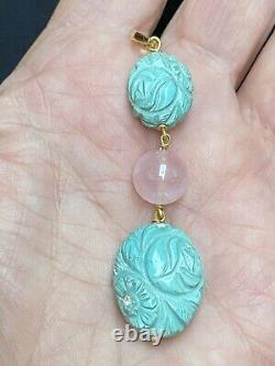 ANTIQUE CHINESE CARVED TURQUOISE & ROSE QUARTZ PENDANT. 18 ct gold. 1900