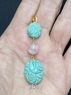 ANTIQUE CHINESE CARVED TURQUOISE & ROSE QUARTZ PENDANT. 18 ct gold. 1900