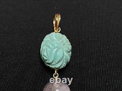 ANTIQUE CHINESE CARVED TURQUOISE & ROSE QUARTZ PENDANT. 18 ct gold. 1900