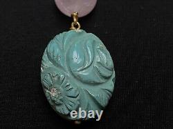 ANTIQUE CHINESE CARVED TURQUOISE & ROSE QUARTZ PENDANT. 18 ct gold. 1900