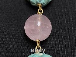 ANTIQUE CHINESE CARVED TURQUOISE & ROSE QUARTZ PENDANT. 18 ct gold. 1900