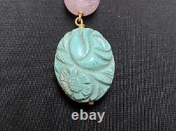 ANTIQUE CHINESE CARVED TURQUOISE & ROSE QUARTZ PENDANT. 18 ct gold. 1900