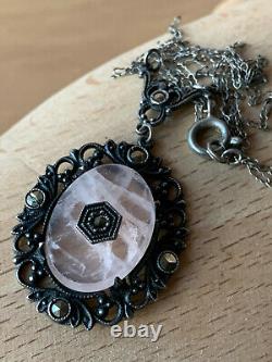 ANTIQUE ROSE QUARTZ MARCASITE STERLING SILVER NECKLACE PENDANT WithCHAIN GERMANY
