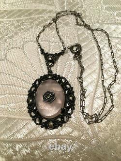 ANTIQUE ROSE QUARTZ MARCASITE STERLING SILVER NECKLACE PENDANT WithCHAIN GERMANY