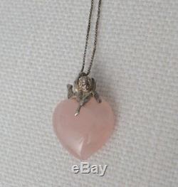 AURAFIN Italy Sterling Silver 925 Rare Necklace Pendant Rose Quartz Heart Cupid